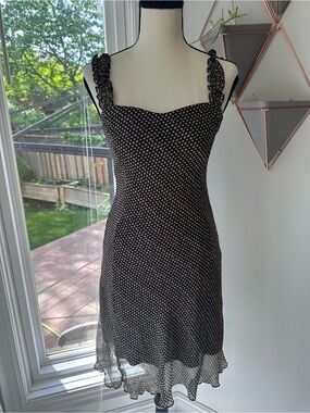 VINTAGE Mandee Bias Cut Brown Polka Dot Sleeveless Dress Lace Organza Size 4